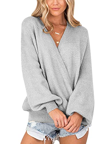 Image of LookbookStore Women's Knit Long Sleeve Faux Wrap Surplice V Neck Sweater Top