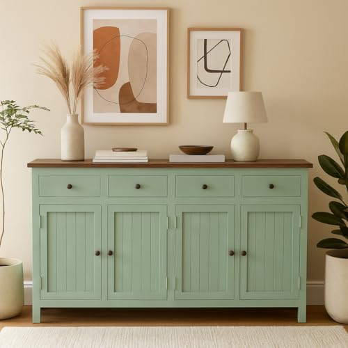 Image of Solid Wood Madrid(L) Sideboard for Living Room | Kitchen Storage Cabinet | Crockery Storage Unit | Storage Cabinet (Finish- Scratch Resistant Tubaq Top and Sage Green)