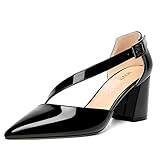 MOVINSTEPS Women's Pointed Toe Dress 2.5 Inch D'Orsay Thick Formal Office Buckle Adjustable Strap Patent Block Mid Heel Pumps Shoes Black Size 10 - Zapatos de Mujer Tacon Alto