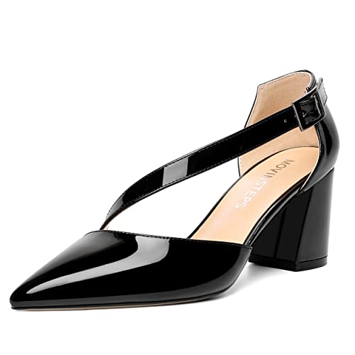 MOVINSTEPS Womens Pointed Toe Formal Thick Office Patent D'Orsay Adjustable Strap Buckle Dress Block Mid Heel Pumps Shoes 2.5 Inch