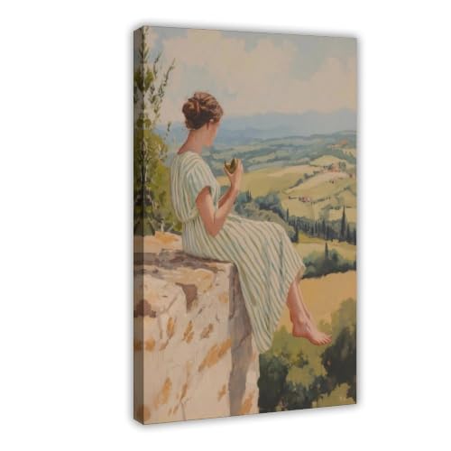 Poster sur toile femme à la pomme, déco vintage de chambre en scène pastorale sereine 20x30 cm