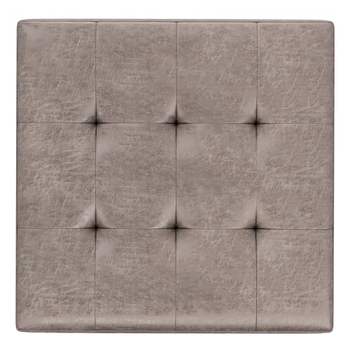 SIMPLIHOME Shay 38 inch Wide Mid Century Modern Large Square Coffee Table Storage Ottoman in Distressed Grey Taupe Vegan Faux Leather, Assembled, for The Living Room, Entryway and Family Room