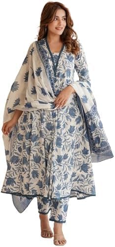 Women's Printed Anarkali Kurta with Palazzo & Dupatta Set (White & Blue)
