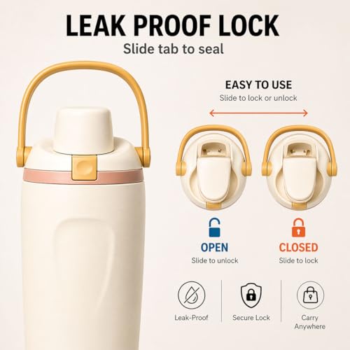 Image of Rioware 900ml Vacuum Insulated Stainless Steel Tumbler with Flip Cap | 304 Grade Steel | 8 Hrs Hot & 14 Hrs Cold | Leakproof Travel Coffee Mug | Large Capacity Water Bottle with Handle| BPA Free Cream