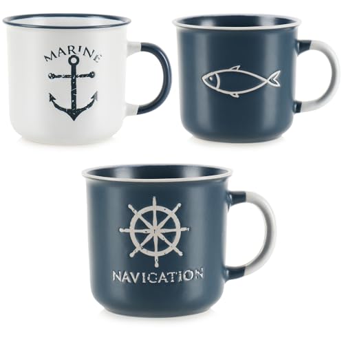 com-four® 3x Kaffeebecher aus Keramik - Maritime Kaffeetassen für zu Hause und Büro - Kaffeepott für Kalt- und Heißgetränke [Auswahl variiert]