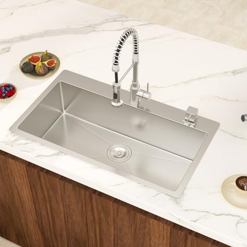Lepuday 33 Inch Drop in Kitchen Sink 18 Gauge Stainless Steel 33x19 Single Bowl Brushed Handmade Topmount Kitchen Sinks Round Corner