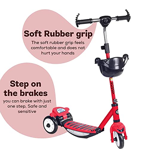 Image of AYSIS Kids Road Master Runner Scooter for Kids of 2 to 14 Years Age Skating Ride on, Scratch Free with Sipper, Bell, Stand and 3 Adjustable Height, Foldable, PU Wheels & Weight Capacity 75 kgs Kick Scooter with Brakes:- Red