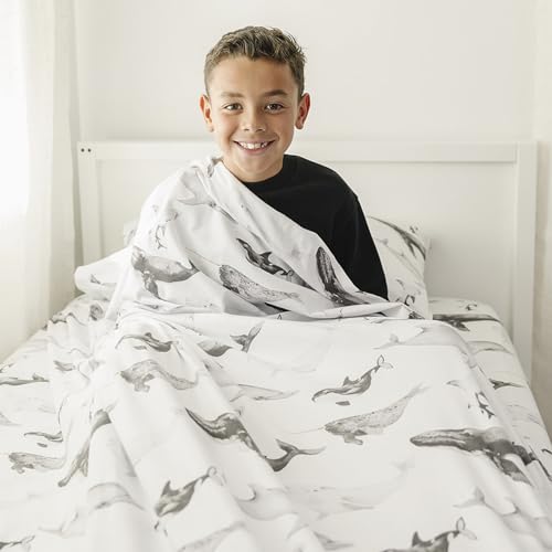 Image of Pobibaby Premium Twin Full Sheets Sets, Kids Double Bed Sheets in Cotton Blend | Ultra-Soft Woodland Camping Print with Fitted Sheet, Flat Sheet & Pillowcases (Twin Seaside Whale)
