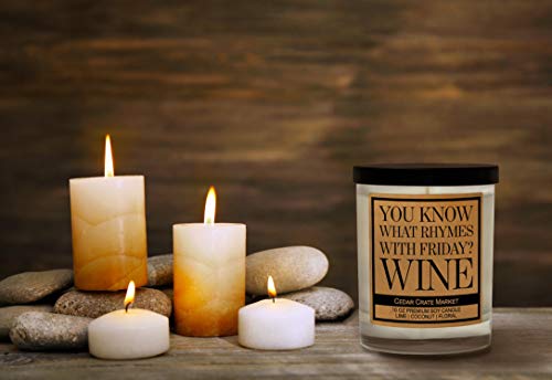 You Know What Rhymes With Friday? Wine, Kraft Label Scented Soy Candle, Lime, Coconut, Floral, 10 Oz. Glass Jar Candle, Made In The Usa, Decorative Candles, Funny And Sassy Gifts #TOP2