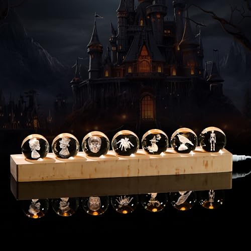 Qianwei 3D Crystal Ball Gothic Halloween Decor with Led Lamp Base - Best Birthday Gift for Man Teacher Boy Kids - Skeleton Bride Gloom Spider Skull Wizard Cat Raven Gifts