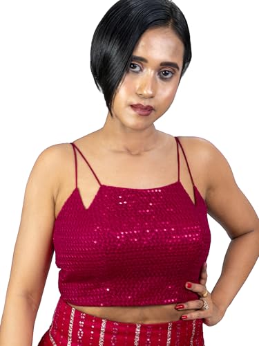 Image of FIGURE'S DESIGNER Women's Spagehtti Neck Strap Sequin Embroidered Sleeveless Readymade Saree Blouse E22