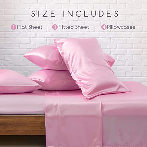 Image of MR&HM Satin Bed Sheets, King Size Sheets Set, 6 Pcs Silky Bedding Set with 15 Inches Deep Pocket for Mattress (King, Pink)