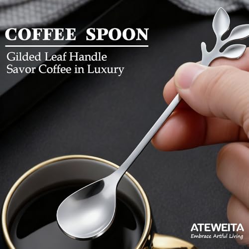 Ateweita petite cuillère, cuillère à café en acier inoxydable,poli miroir, Coffee Spoons avec design élégant de feuilles,Parfait pour les demitasses et les petites portions (Silver, 16cm*12) – vue 3