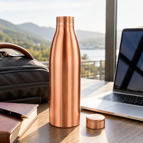 Image of Pure Copper Water Bottle 32 Oz Ayurvedic Drinking Bottle with Wide Mouth and Brush, Leak Proof Reusable Metal Bottle for Home Office Gym Travel, Red Brown Finish