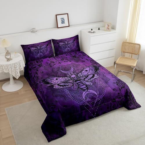 Image of Feelyou Boys Girls Purple Damask Duvet Insert Twin Size, Boho Death Moth Skull Comforter Set Gothic Decor Bedding Set Kids Teens Bedroom Decor 2Pcs