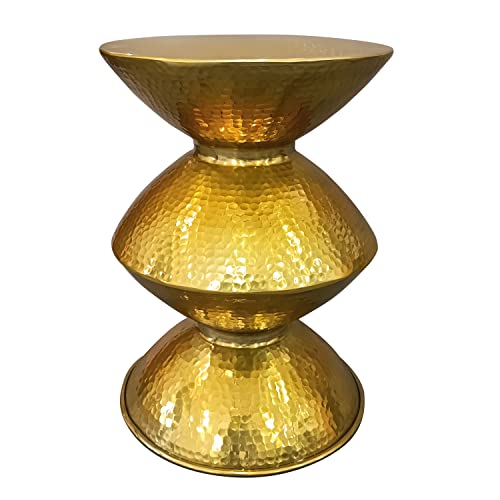 The Urban Port 21-Inch Round Aluminum Side End Table, Hammered Embossed Metal Surface, Turned Pedestal Base, Gold Brass Finish #TOP3