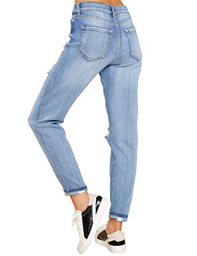 Vetinee Women's Blue Tides High Rise Destroyed Boyfriend Tapered Jeans Washed Distressed Ripped Broken Holes Casual Denim Pants Size X-Large #TOP1