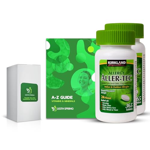 LightSpring Kirkland Signature Aller-Tec Non-Drowsy 10mg Cetirizine Hydrochloride Tablets, 365 Count (2 Pack) with Exclusive Vitamins & Minerals - A to Z - Better Guide (3 Items)