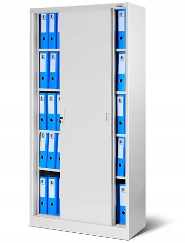 Jan Nowak Aktenschrank Büroschrank mit Schiebetüren Metall 4 Fachböden Pulverbeschichtung Abschließbar 185 cm x 90 cm x 40 cm (Grau)