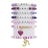 Purple Beaded Stretch Bracelet Set, Pastel Color Heart Bracelets, Cute Stackable Jewelry.Gifts for Family Friends