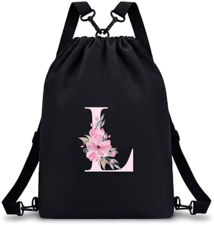 A-Z BAG Personalisierter Turnbeutel mit Buchstabe - Geschenk Mädchen, L | Sportbeutel Damen mit Blumen-Buchstabe, Schwimmbeutel Wasserfest, Stoffrucksack mit Kordelzug für Schule u