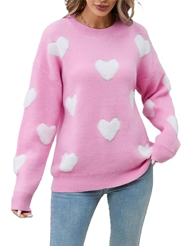 Valentine's Day Sweater for Women Heart/Kisses Print Long Sleeve Pullover Top Love Graphic Crew Neck Knitted Shirt