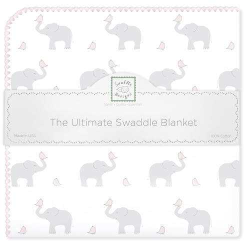 SwaddleDesigns Ultimate Winter Swaddle, X-Large Receiving Blanket, Made in USA, Premium Cotton Flannel, Elephant and Pastel Pink Chickies (Mom's Choice Award Winner)