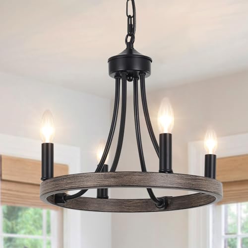 ASHUAQI Black Chandelier, 4 Lights Chandeliers Ceiling Light, Rustic Farmhouse Wagon Wheel Chandelier, Industrial Pendant Light Fitting Ceiling Lights for Living Room Dining Room Kitchen Bedroom Hall