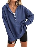 PRETTYGARDEN Womens Fashion 2025 Oversized Long Sleeve Hoodie Button Down V Neck Sweatshirt Side Slit Casual Pullover Tops(Blue,Small)
