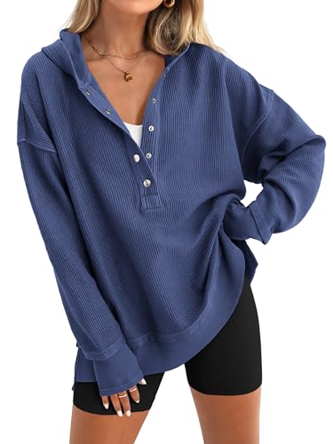Image of PRETTYGARDEN Womens Fashion 2026 Oversized Long Sleeve Hoodie Button Down V Neck Sweatshirt Side Slit Casual Pullover Tops