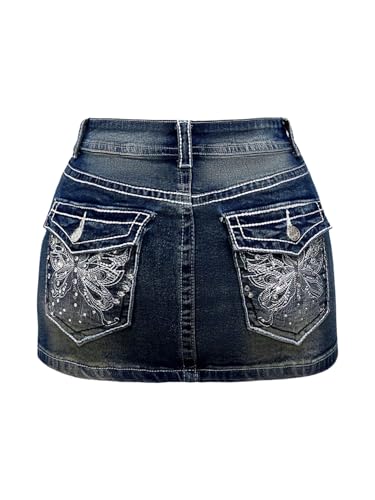 Floerns Women's Y2k Butterfly Denim Skirts Low Waist Stretch Bodycon Mini Skirt