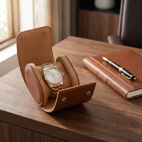 Watch Travel Case for Men & Women, Premium Leather Single Watch Storage Organizer with Soft Compressible Pillow, Portable Watch Holder for Travel, Home, Display & Protection, Brown, 1 Slot — view 5