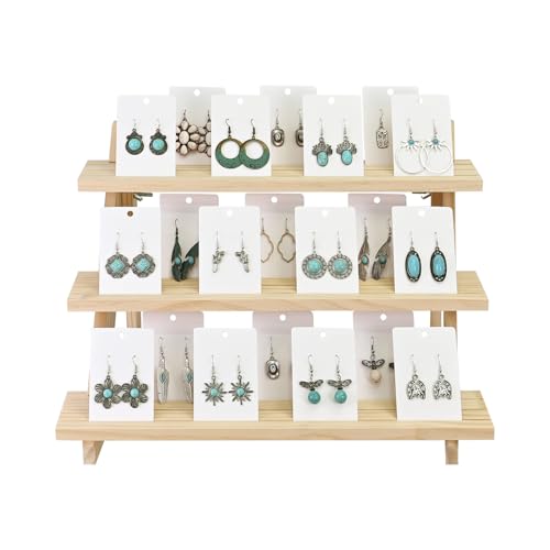 image for MOOCA Wooden 3-Tier Earring Card Display, Riser Stand, Tabletop Ladder