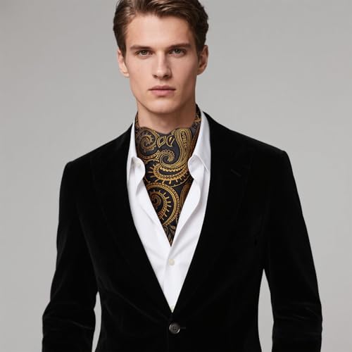 Image of Hi-Tie Silk Ascot for Men Self Tie Men's Cravat and Flower Lapel Pin Handkerchief Cufflinks Set for Wedding Party