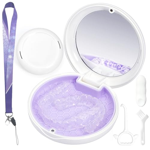 Gaboolo Retainer Case with Mirror and Lanyard,Slim Aligner Case with Vent Holes, Retainer Removal Tool and Brush(White Purple with Lanyard)