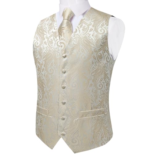 Image of DiBanGu Mens Vest and Tie Set Formal Paisley Waistcoat and Necktie Pocket Square Cufflinks Silk Suit Vest for Tuxedo Wedding