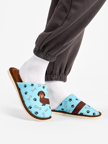 Dedoles Hausschuhe Damen Herren & Kinder Memory-Foam viele lustige Designs Einhorn Musik Regenbogen Comics Spiele Geschenk, Farbe: Blau, Motiv: Langer Dackel, Gr. 38-39 EU
