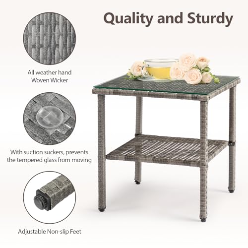 Outdoor Wicker Glass Top Side Table ,Outdoor PE Wicker Side Table - Patio Rattan Garden Coffee End Square Table with Glass Top-2-layer Table Furniture,Garden Metal Square Tea Table with Storage,Gray - Thumbnail 5