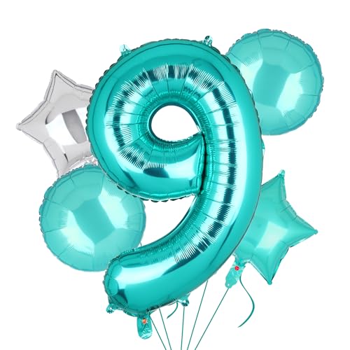 Image of Teal Blue Number 9 Balloons 40 Inch 9th Birthday Mermaid Theme 5 Pcs | Big Helium Mylar Digital Balloon Anniversary Wedding Party Decor Supplies