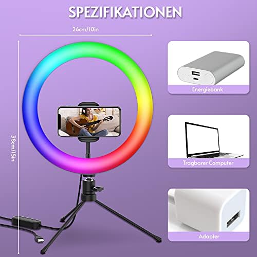 10.2" RGB Ring Light with Tripod Stand & Phone Holder,Selfie LED Ring Lights with 29 RGB Colors Mode 9 Brightness, Dimmable Desktop Circle Light with Remote for Streaming Makeup YouTube Video Tiktok
