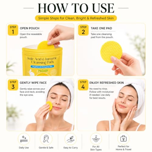 Image of Kojic Acid & Turmeric Cleansing Pads for Face | Exfoliating Facial Pads with Lemon Extract | Helps Brighten Appearance & Remove Dirt, Oil & Makeup | Suitable for All Skin Types | 60 Pads