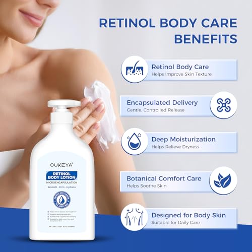 Image of OUKEYA Retinol Body Lotion with Aloe Vera & Vitamin E, Firming, 16.9 Fl Oz | Skin Smoothing & Toning, Night Renewal Care, Brightening, Smooths Crepey Texture And Hydrates, Non-Greasy,All Skin Types
