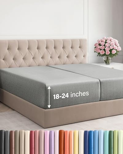 Image of Extra Deep Split King Fitted Sheet - Single Fitted Sheet - Heathered Grey | Easily Fits 18 inch to 24 inch Mattress, Soft, Wrinkle Free, Breathable & Comfy, Extra Deep Pockets Hotel Luxury Fitted Sheet