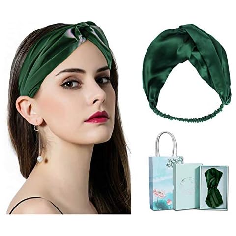 Silk Headband for Women, 100% Pure Mulberry Silk, Vintage Satin Girls Headbands, Elastic Silk Hairband, Lady Cross Knot Real Silk Hair Accessories Turban, Women's Fashion Headbands ( Emerald ) Cover