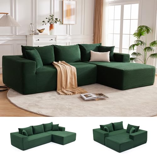110” Cloud Sectional Couch, Boneless Sofa for Living Room, Modular Sectional Sofa with Deep Seat, Comfy Fluffy Couch with L-Shaped Chaise, No Assembly Required (Right-Facing Chaise, Green)