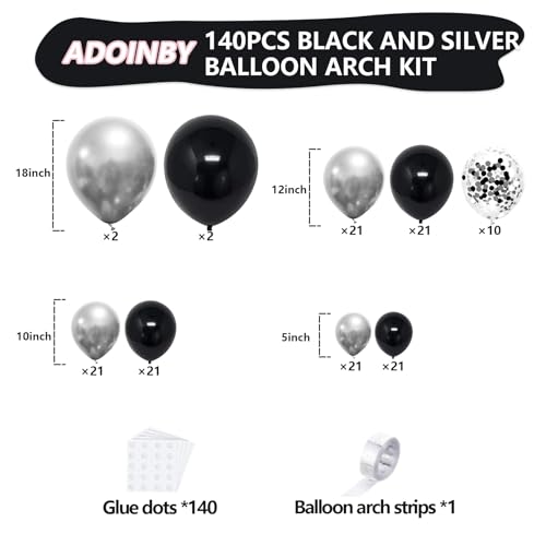 Image of Black and Silver Balloon Arch Kit, 140Pcs Different Sizes inch Black Metallic Silver Balloons and Confetti Party Balloon Garland Kit for Birthday, Wedding, Graduation, Anniversary Decorations