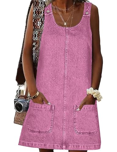 Image of Xaspee Denim Overall Dress for Women Casual Mini Sleeveless Jean Vintage Jumper Skirt Dress with Pockets