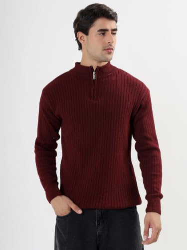 Image of Kvetoo Men High Neck Zipper Full Sleeve Woolen Winter Sweater