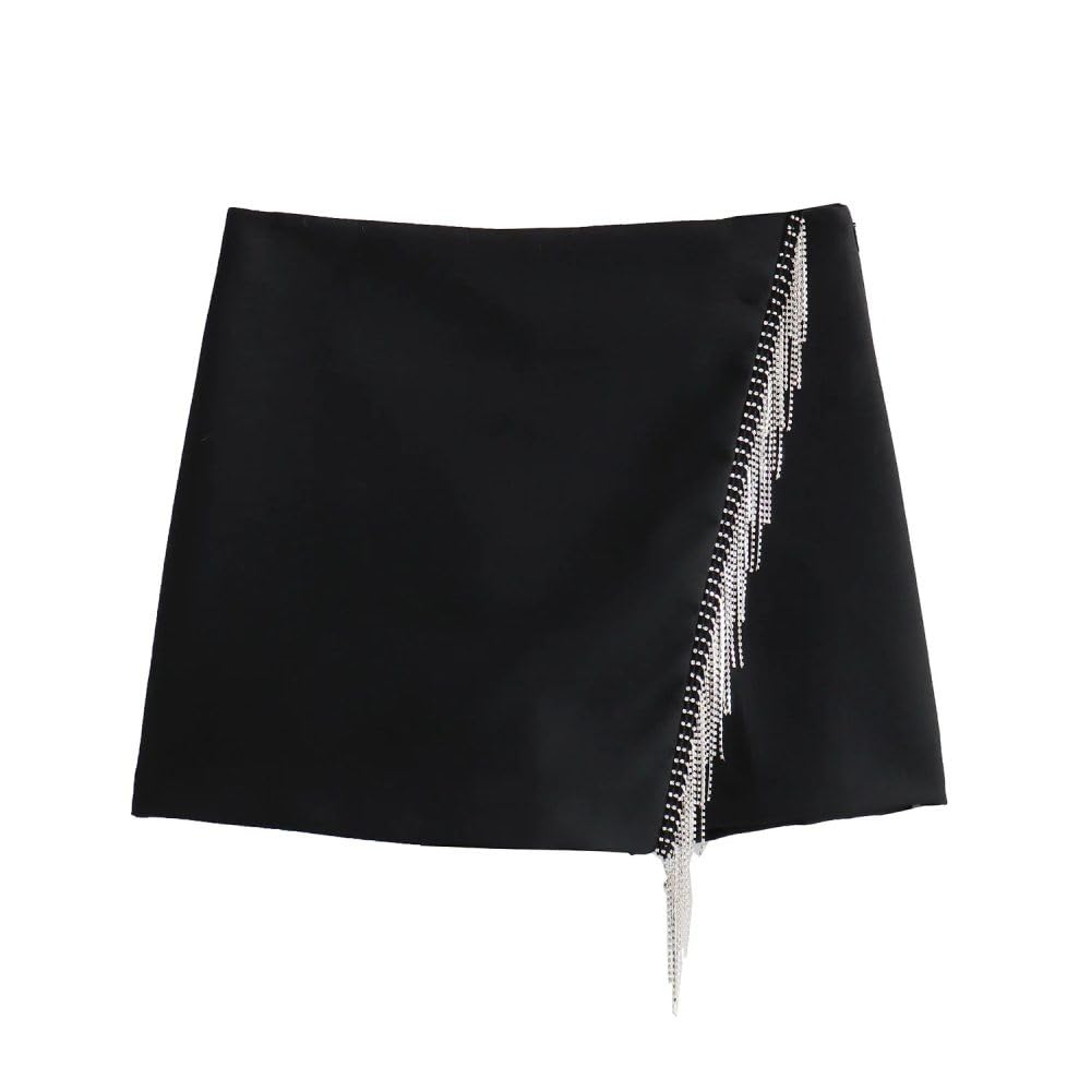 SWEPER Falda Corta De Mujer - Falda Corta con Flecos Y Cuentas A La Moda para Mujer, Estilo De Fiesta, Cintura Alta, Cremallera Lateral, Falda Corta Versátil para Mujer