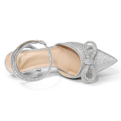 mysoft Women's Rhinestone Bow Pumps Wedding Dress Shoes Pointed Toe Ankle Strap Kitten Heels4